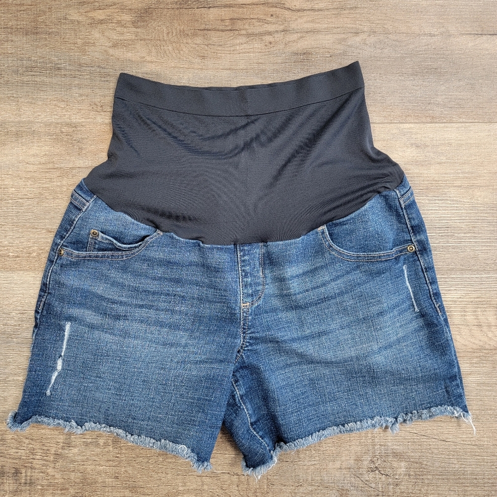 Sonoma Maternity Shorts Denim Distressed Raw Hem 5 Pocket Stretch Panel Size 14